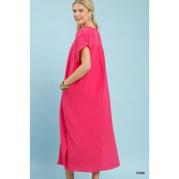 Umgee Button-Front Gauze Midi Dress with Lace Detail - Picture 3 of 6